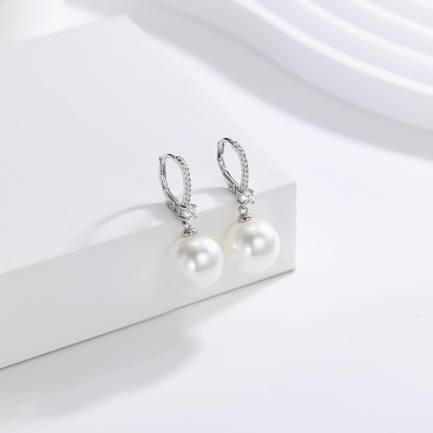 Freshwater Pearl Hoop Earrings, 8-10mm 925 Sterling Silver Cultured Pearls Drop Dangle Earrings with Cubic Zirconia, Wedding Anniversary Jewelry Gifts for Women - Image 2