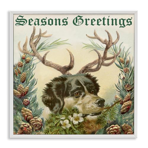 Dog Wearing Antlers Botanical Border, 12 x 12 Inch Framed Giclée Print