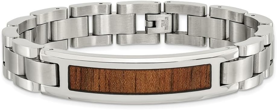 Stainless Steel Brushed and Polished Enameled with Koa Wood Inlay Link ID Chain Bracelet 8.5"