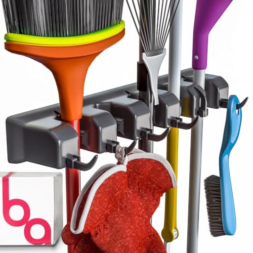 Broom Holder Wall Mount, Broom and Mop Organizer Wall Hanging Rack & Hanger | (Black) Broom Hanger Wall Mount, Mop and Broom Holder Wall Mount, Mop Holder, Hanger for Brooms and Mops, 5 Slots 6 Hooks