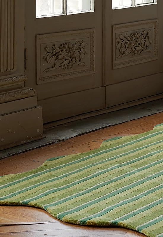 Image of Hand-Tufted Wool Runner Rug - 2.5x9 Ft, Lime and Olive Green Striped Design with Elegant Scalloped Edges, Soft Plush Handmade Wool Carpet for Hallway, Entryway, Living Room & Bedroom Decor