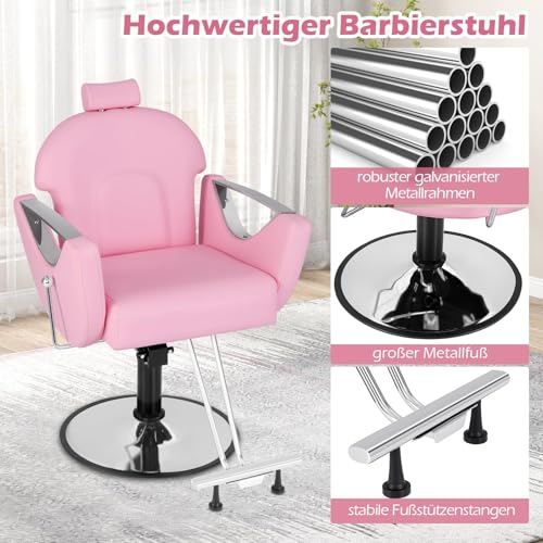 FANTASK Frisiersessel höhenverstellbar, Barber Stuhl mit Kopfstütze & Hydraulikpumpe, Salonstuhl 360° drehbar, Friseurstuhl bis 150kg belastbar für Friseursalon & Tattoo-Ausstattung (rosa)