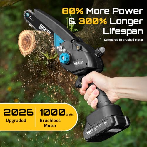 Image of Mini Chainsaw Cordless 8 inch: Electric Chainsaw Battery Powered, Brushless Chain Saw with Auto Oiler, 2pcs Battery, Handheld Saw for Tree Branch Wood Cutting,Gardening Tools for Men Dad Husband