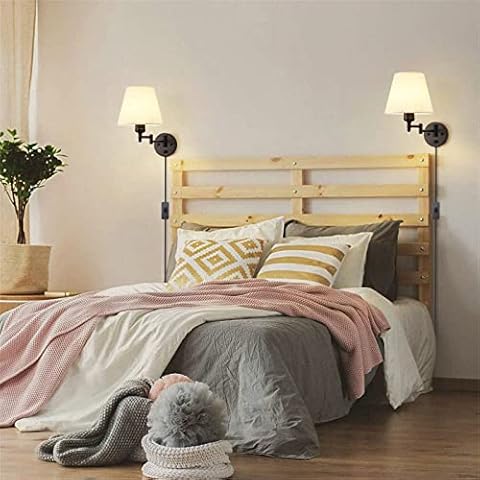 TZSMUM Plug in Bedside Wall Sconce Lights Black Swing Arm Lamps with On/Off Rotary Switch and Cord, Industrial Adjustable Beige White Fabric Shades E27 Indoor Bedroom Light (2 Packs) Cover