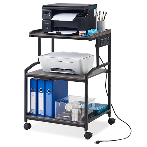 Lauren&Harold 34inch Printer Stand with Charging Station and USB Ports, 3-Tier Mobile Printer Table with Adjustable Storage Shelf,Modern Large Printer Cart with Locking Wheels for Home Office Kitchen