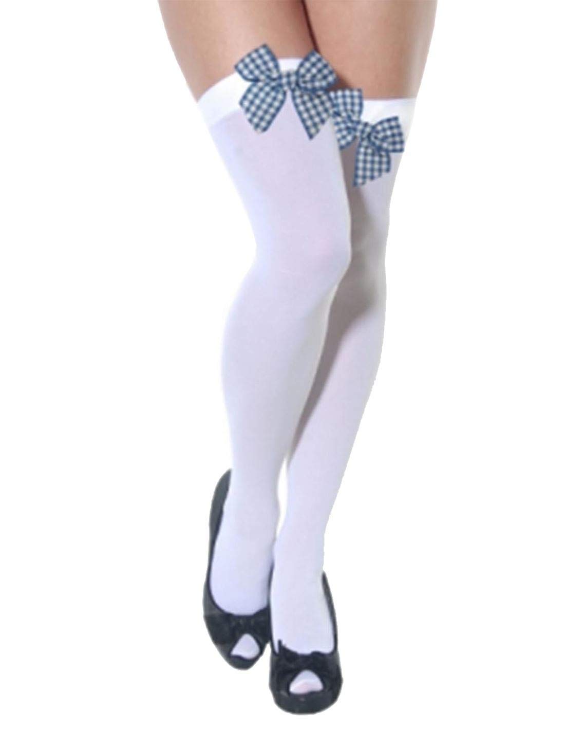 21Fashion Womens Over The Knee Hold Up Stocking With Bow Ladies Fancy Dress Accessory/White Stocking With Blue White Checkered Bow