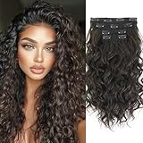 Clip in Hair Extensions,LEOSA 4PCS 16 inch Curly Hair Extensions Short Soft Natural Hairpiece Lace Weft Curly Wave Clip Ins Extensions Invisible for Women,Natura Black Brown