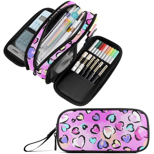 Image of Fustylead Leopard Print with Hearts Large Pencil Bag Storage Pen Case Makeup Pouch Stationery Bag for School College Office Organizer