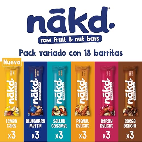 Barritas nakd en diferentes sabores: Lemon Cake, Blueberry Muffin, Salted Caramel, Peanut Delight, Berry Delight y Cocoa Delight.