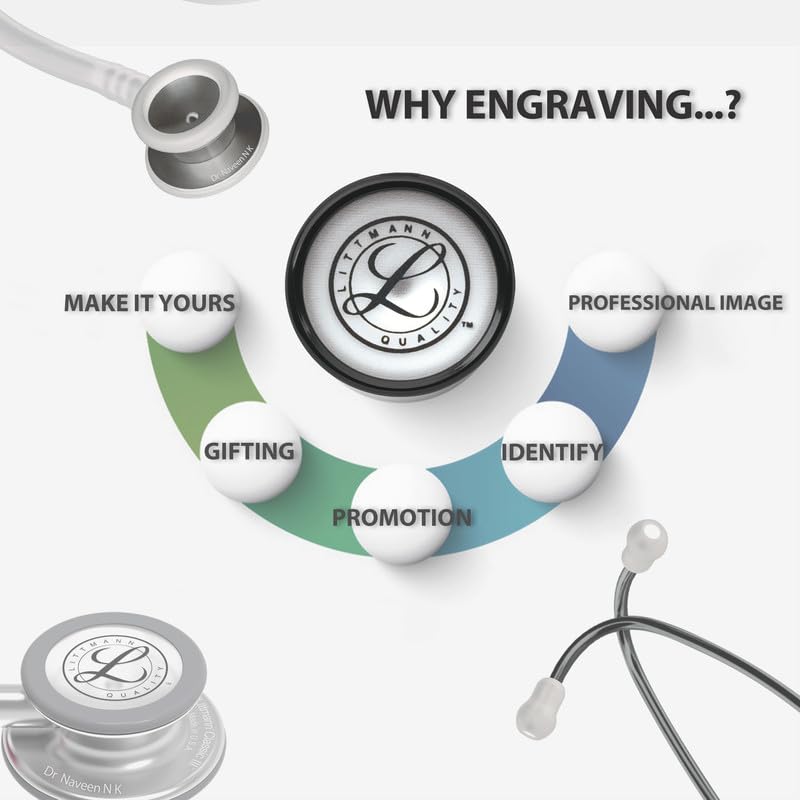 Image of 3M Littmann 5870 Stethoscope ENGRAVING | Engrave your name or initials on the Littmann stethoscope | Classic III Monitoring, Rainbow-Finish Chestpiece, Black Stem and Headset, Black Tube, 27 inch