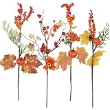 GhuaH 4 Pcs Artificial Fall Flowers for Decoration Fall Floral Picks Pumpkins Berries Maple Leaves Silk Mums Branches Floral Stems Bouquet for Autumn Harvest Vase Flower Arrangements Table Wedding