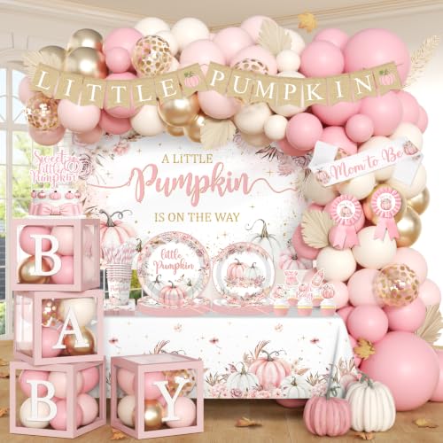 Little Pumpkin Baby Shower Decorations Girls Pink Fall Autumn Baby Shower Party Supplies A Little Pumpkin is on The Way Plates Napkins Banner Backdrop Balloon Box Cake Topper