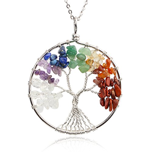 KISSPAT Tree of Life Pendant Necklace Handmade Chakra Gemstone Jewelry, Great Gift for Her (A-7Chakra)