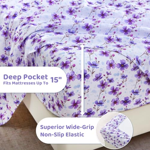 Image of Mooreeke Cozy Floral Microfiber Printed Queen Sheet Set - Soft & Breathable Purple Floral Bed Sheets with Deep Pocket - Non-Slip Fitted Design - Purple Flowers Pattern - Queen
