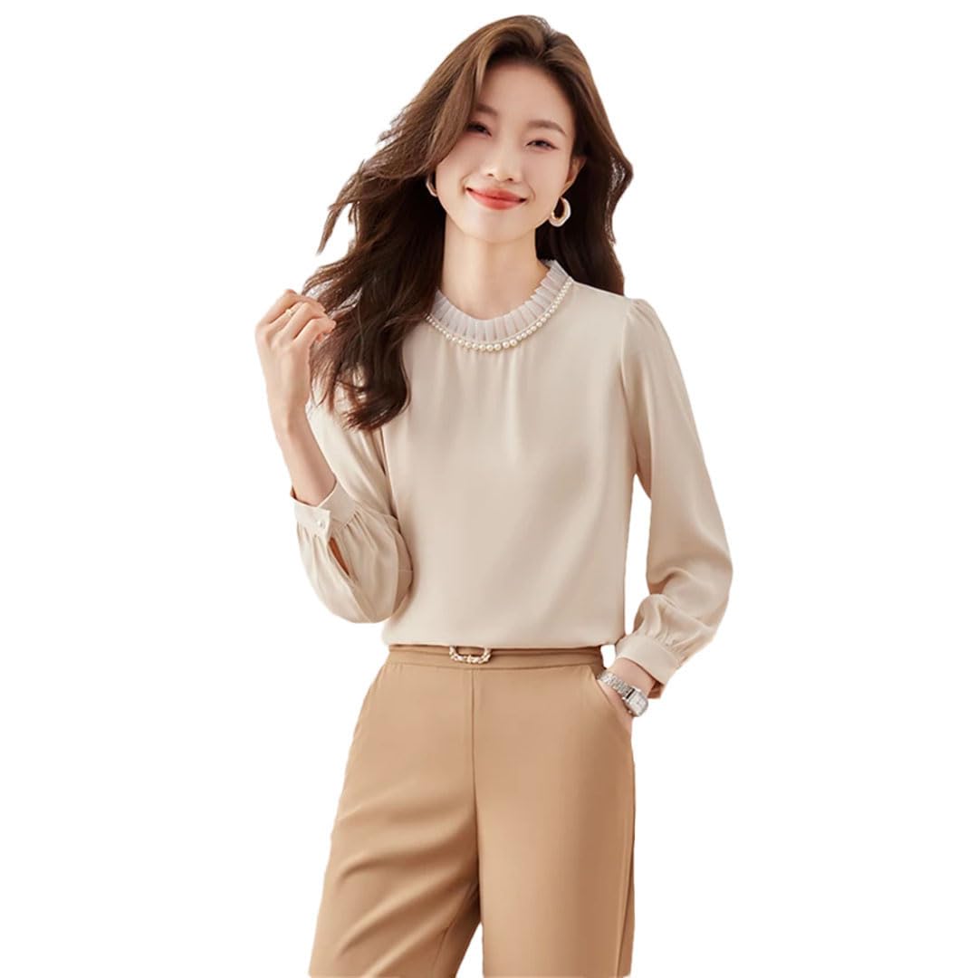 Blusa de gasa para mujer, elegante, de manga larga, para oficina, color liso, holgada