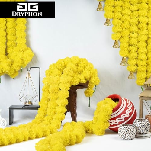 Image of Marigold Garlands Decoration with Bell, Artificial Flowers for Decorations Hanging Garlands for Home Decorations, Ganpati Decoration /Diwali Decoration for Home Decor- (Yellow, Pack of 20)