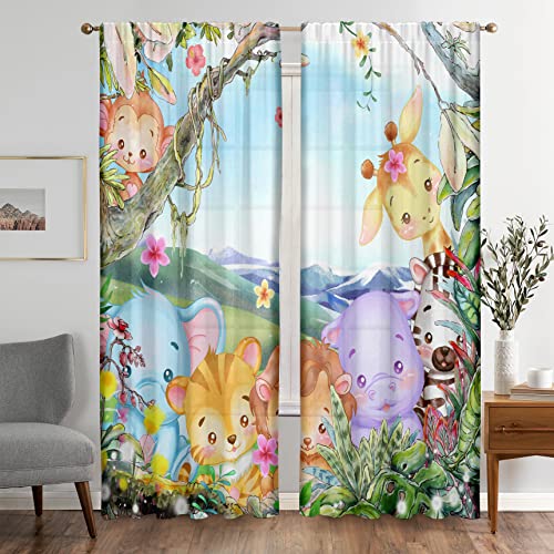 Animal Curtains Kids Cartoon Zoo Theme Window Drapes Jungle Safari Wildlife Elephant Giraffe Lion Print Pattern Rod Pocket Curtains For Boys Girls Bedroom Living Room 2 Panels 41 X 84 Inch #TOP2