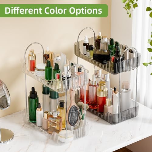 Miniatura 6 de Kinkota Organizador de baño de 2 niveles, organizador de encimera de baño de plástico, bandeja de tocador con ganchos, para maquillajeestante de