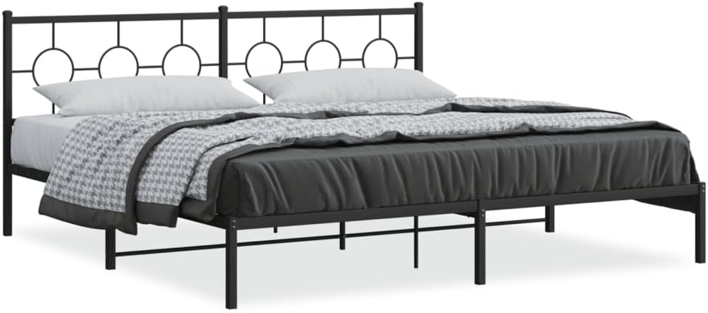 Metal Bed Frame with Headboard Black Powder-Coated Steel Double Platform Frame Sturdy Slatted Foundation for Bedroom Mattress Support Easy Assembly No Box Spring Needed
