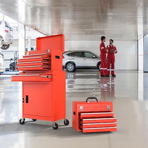 Dusacom 5-Drawer 2 In 1 Craftmen Tool Box With Wheels, Extra Big Tool Chest Organizers,Lockable Tool Box Tool Storage Cabine With Drawers And Wheels For Workshop Garage And Warehouse (Red) #TOP5