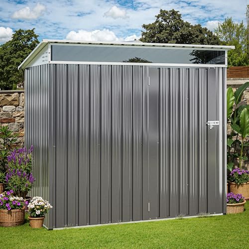 Image of JY QAQA 6x4 FT Metal Outdoor Garden Storage Shed, Waterproof Metal Garden Sheds with Window and Lockable Double Door, Weather Resistant Steel Tool Storage House Shed for Garden,Patio,Lawn