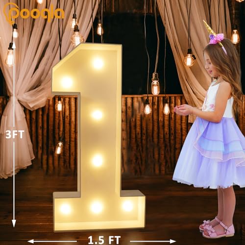 Image of Pooqla 3 FT Light Up Number 1 for 1st 16th 21st Birthday Decorations, Cool White and Warm White Giant Marquee Numbers First Birthday Decoration for Girl Boy Anniversary Wedding Party Decorations