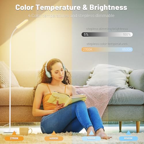 Image of Yikuneng Dimmable LED Floor Lamp, Super Bright Reading Lamps Floor Standing Lamp with Remote & Touch Control, Stepless Dimming & 2700K-6500K Color Temperature, for Living Room Bedroom Office, White