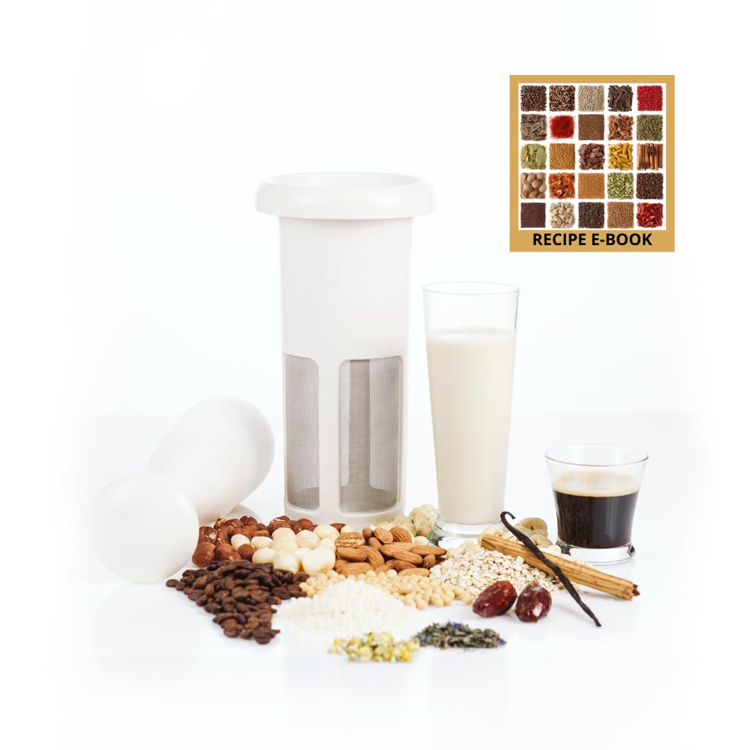 Nut Mylk Maker Nussmilchbereiter Basic, 2-teilig, Emulgierfilter für Suppen, Saucen, Vinaigrettes, Pflanzenmilch, Kaffeespezialitäten, Cocktails etc. 0,5L bis 3L in 1 Minute. QR mit Rezepten
