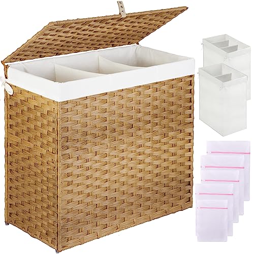 Greenstell Laundry Hamper with Lid, 125L Large Clothes Hamper with 3 Section & 2 Section Removable Liner Bags & 5 Mesh Laundry Bags, Handwoven Synthetic Rattan Divided Laundry Basket, Natural by GREENSTELL - Used condition - US$43.46