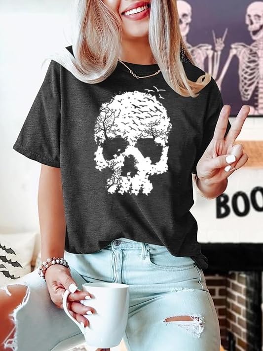 Skull Shirts for Women Gothic Skeleton Print Vintage Graphic Casual Cotton Tops Funny Workout Athletic Shirts2