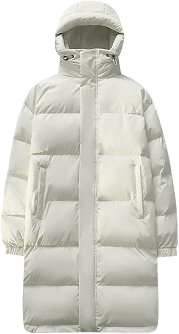Long Down Puffer Coat Men Zip up Hooded Jacket Padded Quilted Jacket Windproof Winter Coat Thermal Outwear