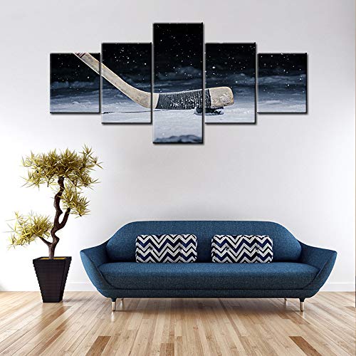 5 Panel Canvas Wall Art Painting Hockey Stick And Puck Sliding Across The Ice Slap Shot Player For Sport Lovers Poster On Canvas Artwork Stretched Framed For Home Décoration Living Room(50''Wx24''H) #TOP15