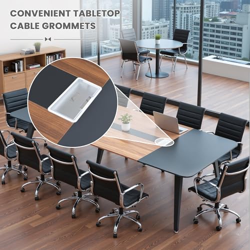 Shahoo 8FT Conference Table, Large Meeting Table with Rectangle Grommet and Metal Frame, Modern Seminar Boardroom Table for Office Conference Room, Black and Brown(94.5L*47.2W*29.9\" H)