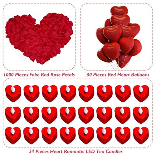 Homemory 24Pcs Led Tea Lights Candles Battery Operated Romantic Heart Candles With 1000Pcs Fake Red Rose Petals & 30Pcs Red Balloons For Valentine's Day Wedding Proposal Decorations Anniversary (Red) #TOP2
