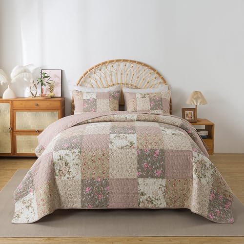 SLPR Secret Garden 3-Piece King Size Comforter Set - Cotton Patchwork King Quilt with 2 Shams: Pink Floral Country Chic Quilt, Farmhouse King Size Comforter, Oversized Lodge Coverlet