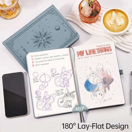 Image of EMSHOI Dotted Journal Notebook, 192 Pages, A5 Size (5.7'' x 8.3'') | Leather Hardcover, 100 GSM Thick Paper, for Journaling, Planning, Tracking & Sketching, Sun Debossed (Gray Blue)