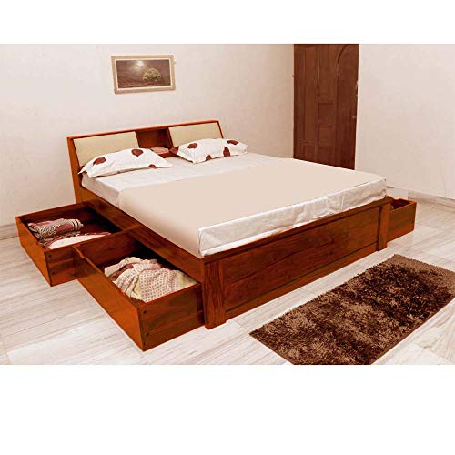 Image of APRODZ Sheesham Wood Allure Bed with Storage (King Size, Honey Finish)
