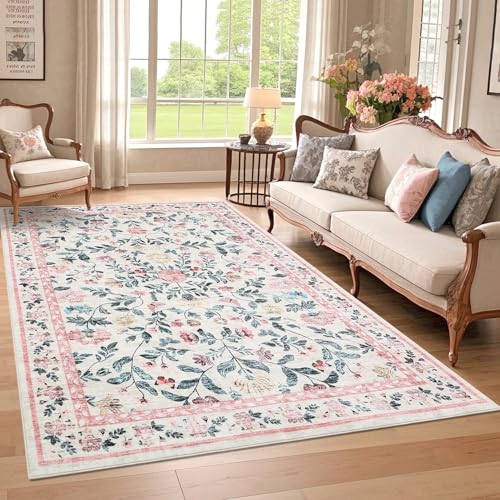 CAROMIO Bauernhaus-Blumenteppich 160x230 cm, waschbarer & Rutschfester Wohnzimmerteppich, Kurzflor-Teppich für Schlafzimmer & Kinderzimmer, Rosa