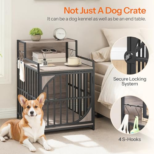 HOOBRO Dog Crate Furniture, Dog Kennel End Table, Indoor Dog House with Storage Shelf, Wooden Dog Crate with S Hooks, Chew-Resistant Metal Fence, for Puppies and Small Dogs, Greige and Black BG51GW03