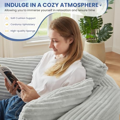 Image of 48.8-inch Round Chair, Modern Accent Corduroy Comfy Deep Seat Boneless Foam Floor Single Circle Chaise Sofa Chair with 3 Pillows for Living Room Bedroom Office, No Assembly Required, Light Grey