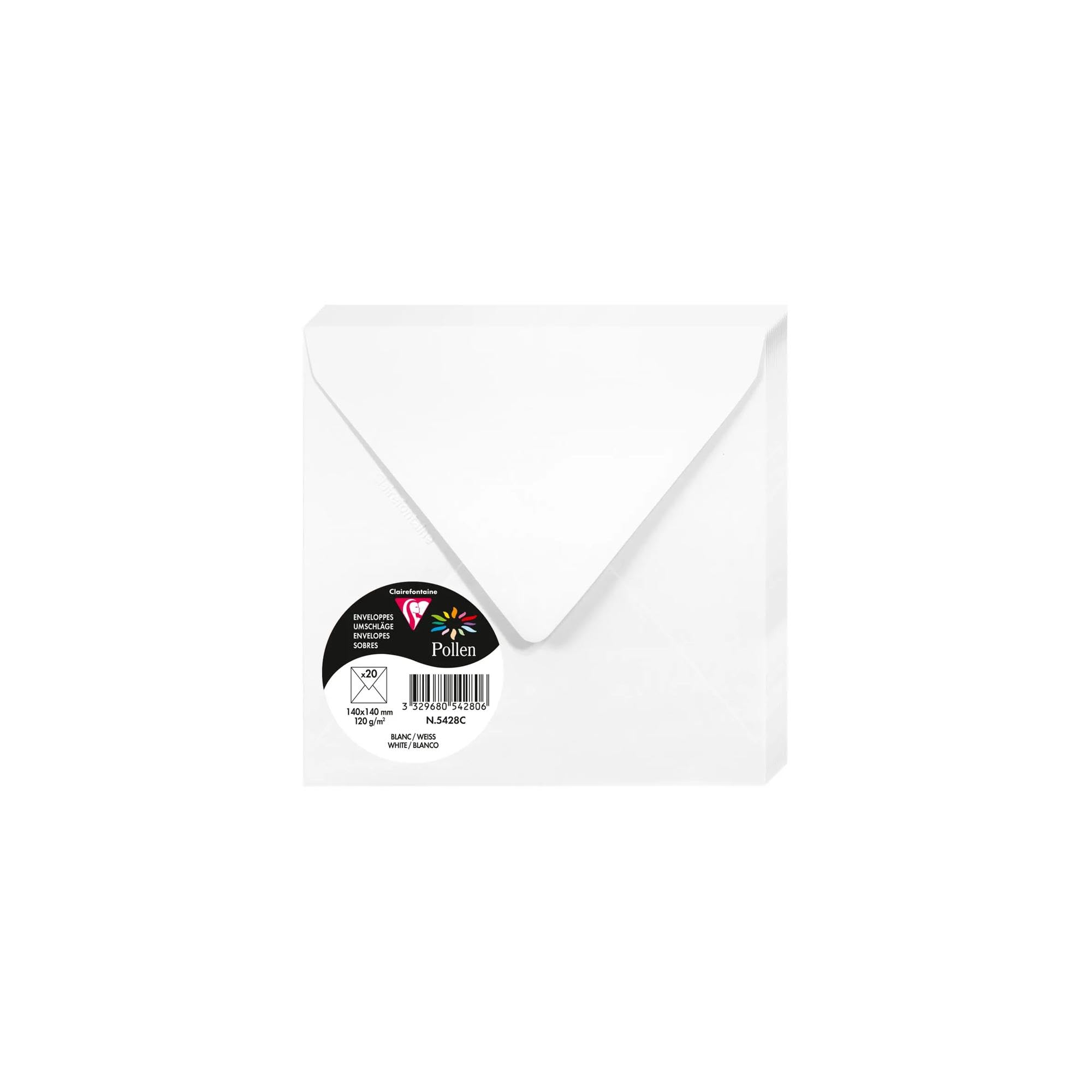 Clairefontaine 5428C - Paquet de 20 Enveloppes Gommées - Format Carré 14x14cm - 120g/​m² - Coloris Blanc - Invitation Evènements et Correspondance - Gamme Pollen - Papier Premium Lisse
