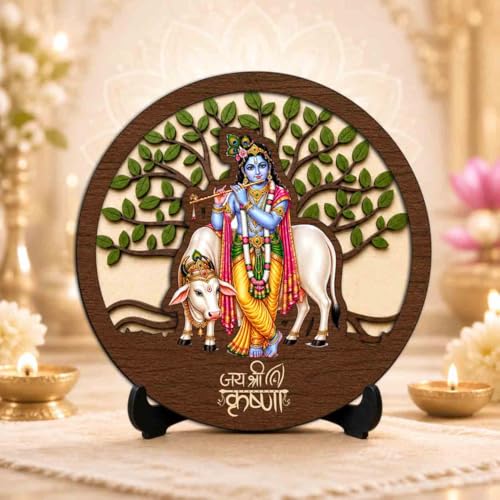 Image of Krishna Ji Wooden Murti for Home Mandir, Prayer Room, Table Top Decor & Spiritual Gifting - 5x5 Inch