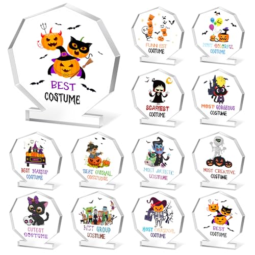 Geelin 12 Pcs Acrylic Halloween Costume Contest Trophies 3 Halloween Costume Contest Prizes Personalized Trophy Bulk Funny Cute Personalized Prizes Medals for Adult Costumes Winner Party Decoration