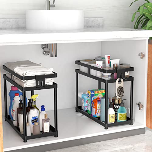 Fle Under Sink Organizer, 2 Tier Metal Under Bathroom Sink Storage Baskets With Hooks, Self Adhesive Black Under Sink Shelf Organizer For Bathroom Kitchen #TOP2