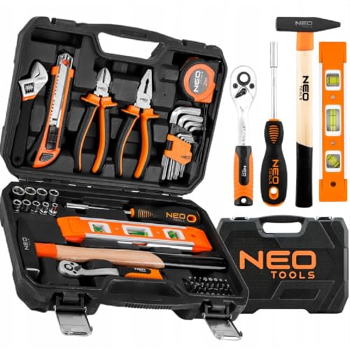 NEO TOOLS DIY Werkzeugset, 60 Teile im robusten Koffer | Schraubenschlüssel, Inbusschlüssel, Griff | Komplettset für Werkstatt und Garage