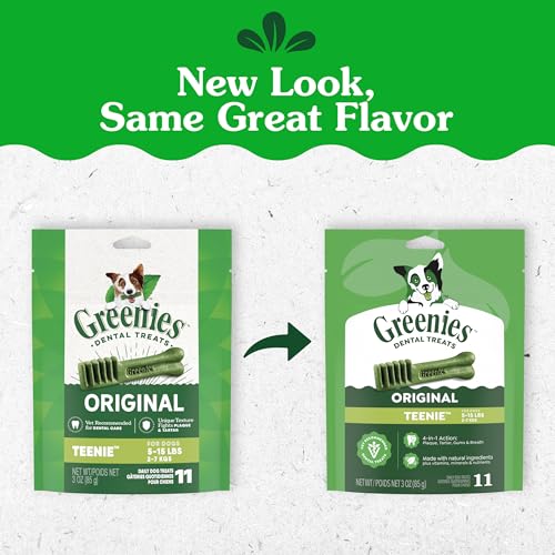 Image of Greenies Veterinarian-Recommended Adult Natural Dental Dog Treats Teenie Size, Dog Dental Chews, Original Flavor, 3 oz. 11 Count (Pack of 6)
