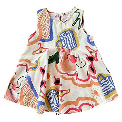 KAGAYD Girls Party Dress Kid's Girls Cotton Blend Dress Sleeveless Summer Colorful Doodle Dresses A Line Dress for 0 to 6