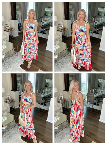 Image of AlvaQ Women Summer High Waist Long Maxi Dress Spaghetti Strap Swing Sun Dress Multicolor Medium