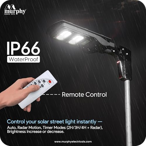Image of Murphy 30W Solar Street Light | Light Output Equivalent to 6W LED | 48 SMD LEDs | 5Ah Battery | Dusk to Dawn Auto On /Off | Motion Sensor | IP65 Waterproof | Cool White | ABS Body | 1 Year Warranty
