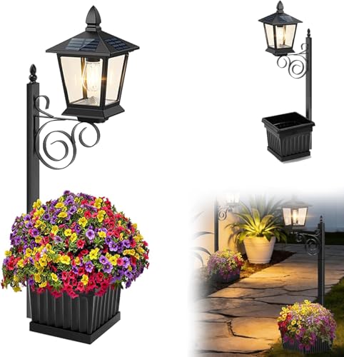 PandaXun Solar Lamp Post Lights with Planter Glass & Metal Street Light Flower Pot Lamp Post Waterproof 60 Lumens Dusk to Dawn Solar Pole Lights for Garden Yard Driveway Porch Patio